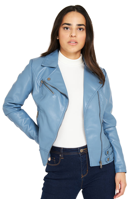 Chaqueta Ecocuero Estilo Biker Celeste
