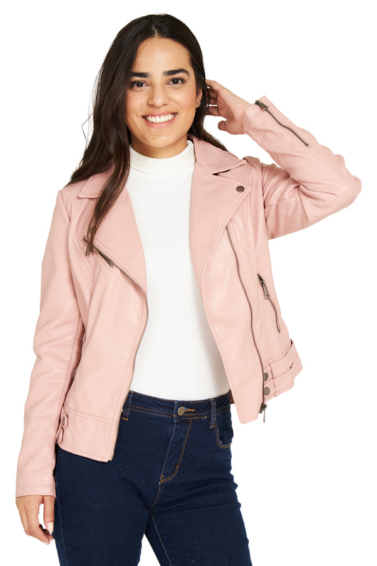 Chaqueta Ecocuero Estilo Biker Rosado