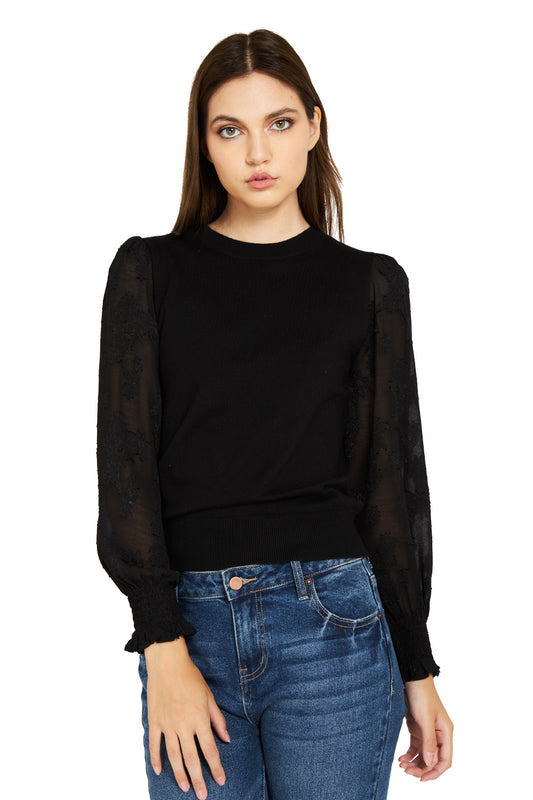 Sweater Manga Floral Negro