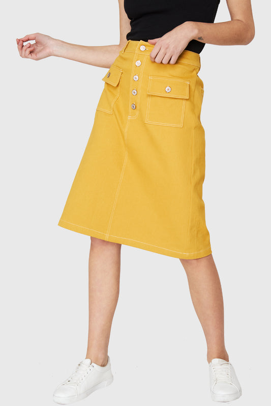 Falda Midi Bolsillos Amarillo