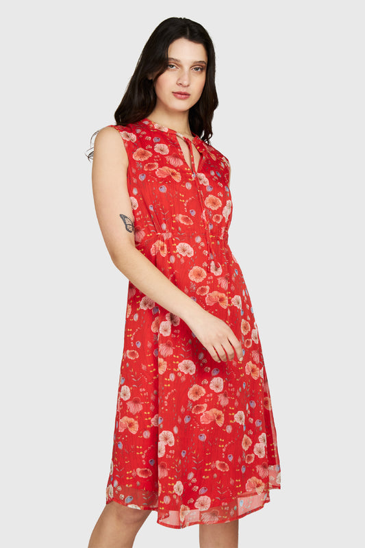 Vestido Amapolas Cuello Mao Rojo