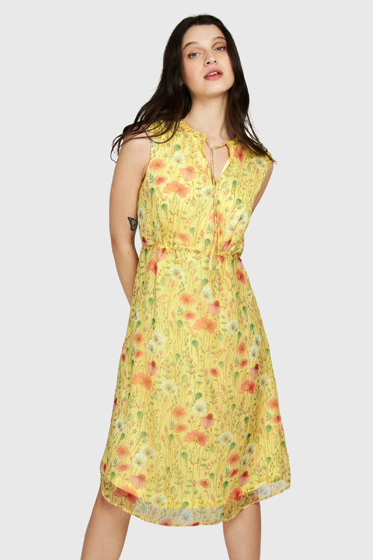 Vestido Amapolas Cuello Mao Amarillo