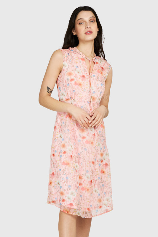 Vestido Amapolas Cuello Mao Rosado