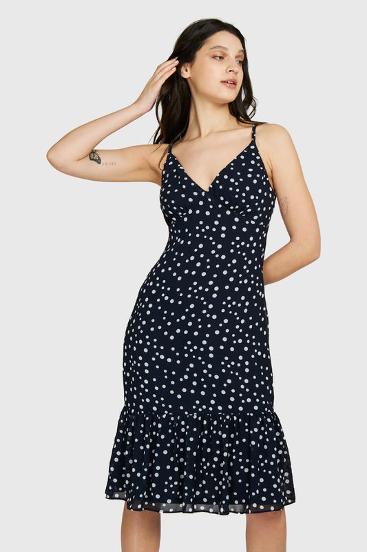 Vestido Midi Lunares Azul Marino
