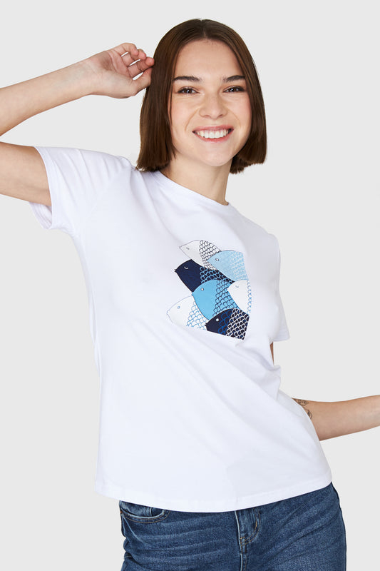 Polera Estampado Peces Blanco