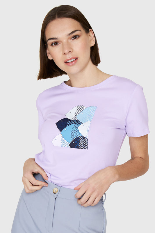 Polera Estampado Peces Lila