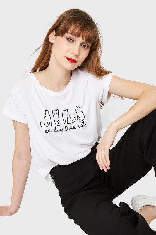 Polera Estampado Gatos Blanco