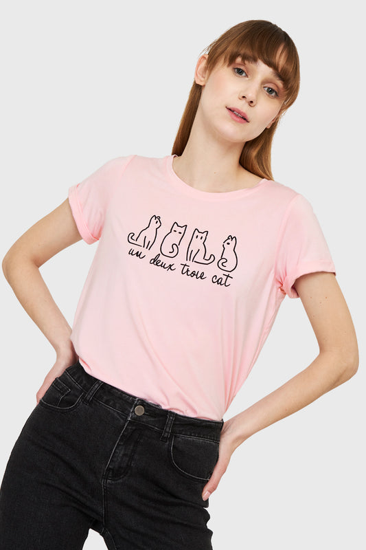 Polera Estampado Gatos Rosa