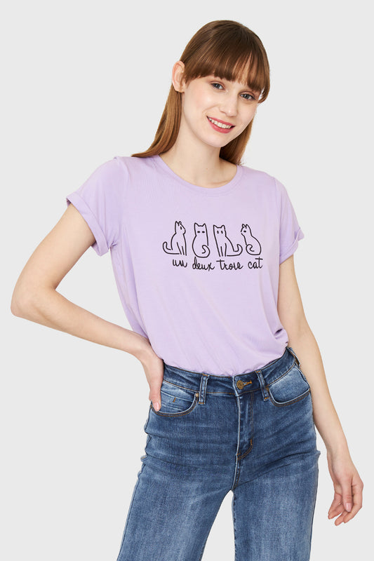 Polera Estampado Gatos Lila
