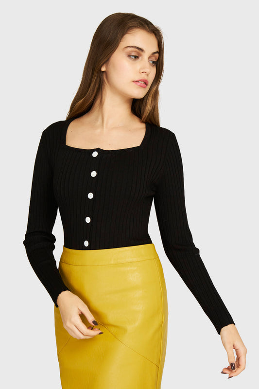 Polera Tejido Acanalado Botones Negro