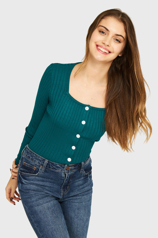 Polera Tejido Acanalado Botones Turquesa