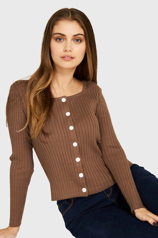 Polera Tejido Acanalado Botones Café