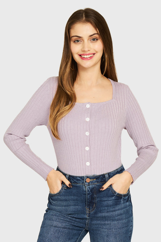 Polera Tejido Acanalado Botones Lila