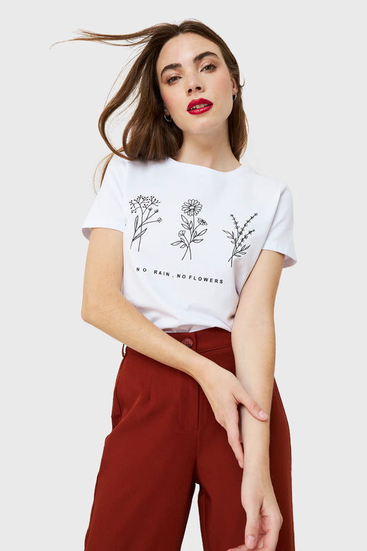 Polera Estampado Flores Campo Blanco