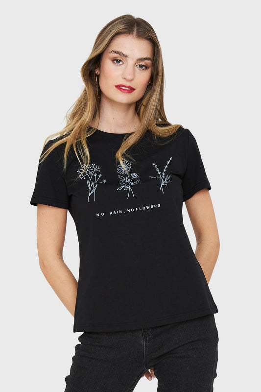 Polera Estampado Flores Campo Negro
