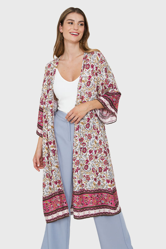 Kimono Largo Flores Blanco