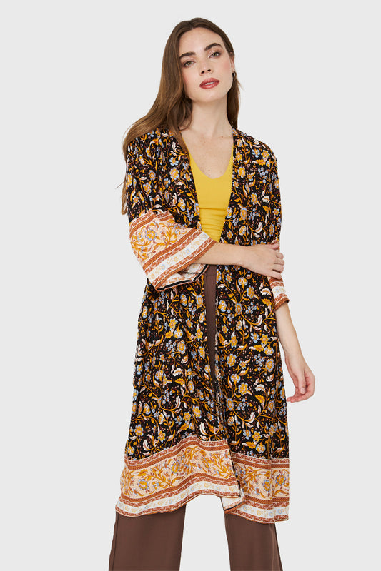 Kimono Largo Flores Negro