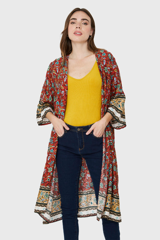 Kimono Largo Flores Terracota