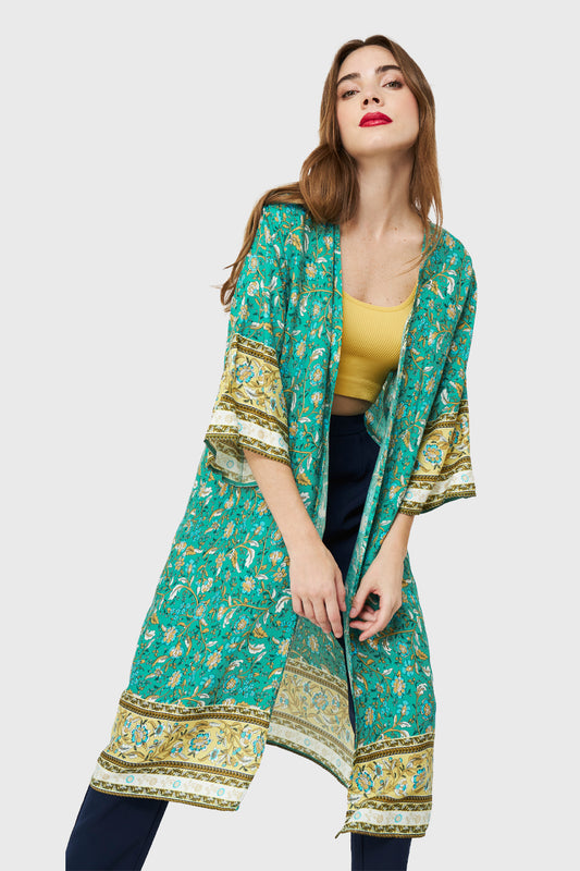 Kimono Largo Flores Turquesa