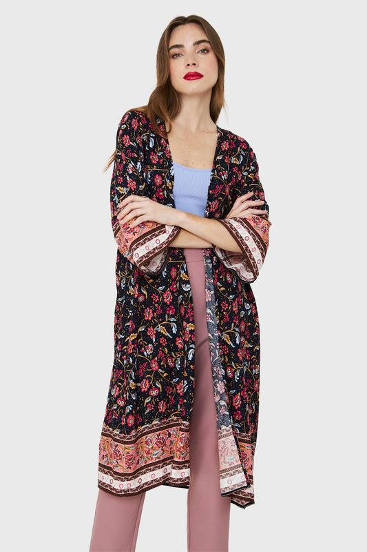 Kimono Largo Flores Azul Marino