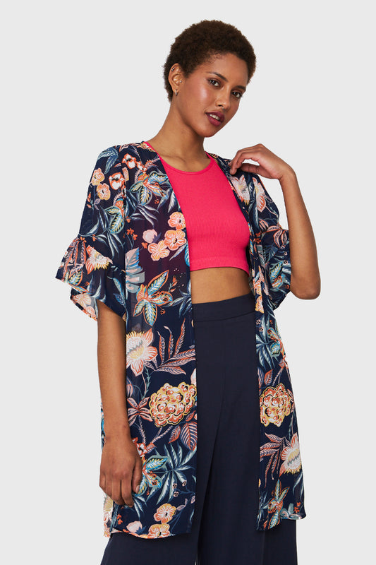 Kimono Gasa Flores Azul Marino