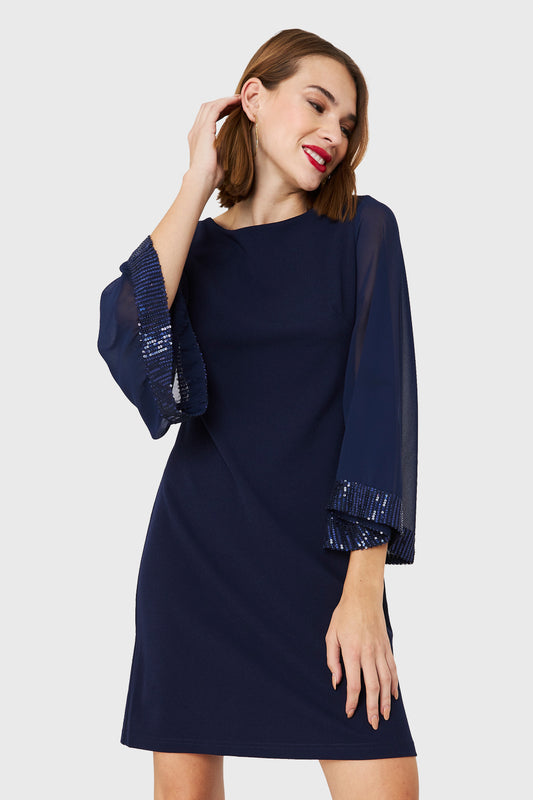 Vestido Manga Lentejuela Azul Marino