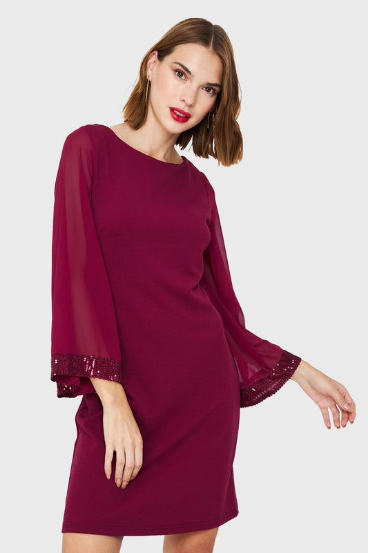 Vestido Manga Lentejuela Burdeo