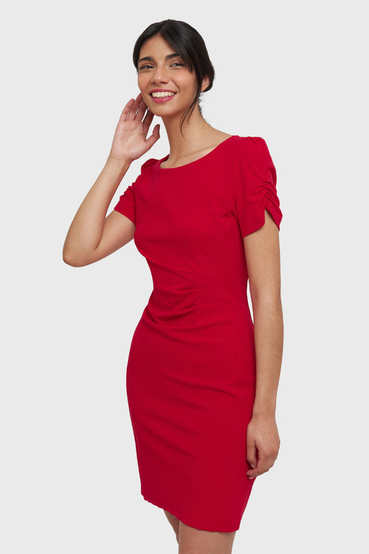 Vestido Pliegues Cintura Rojo