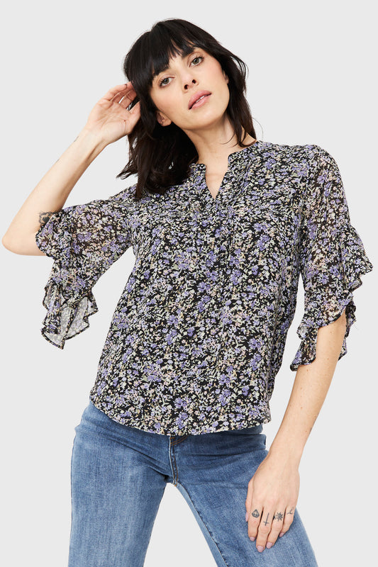 Blusa Floral Manga 3/4 Negro