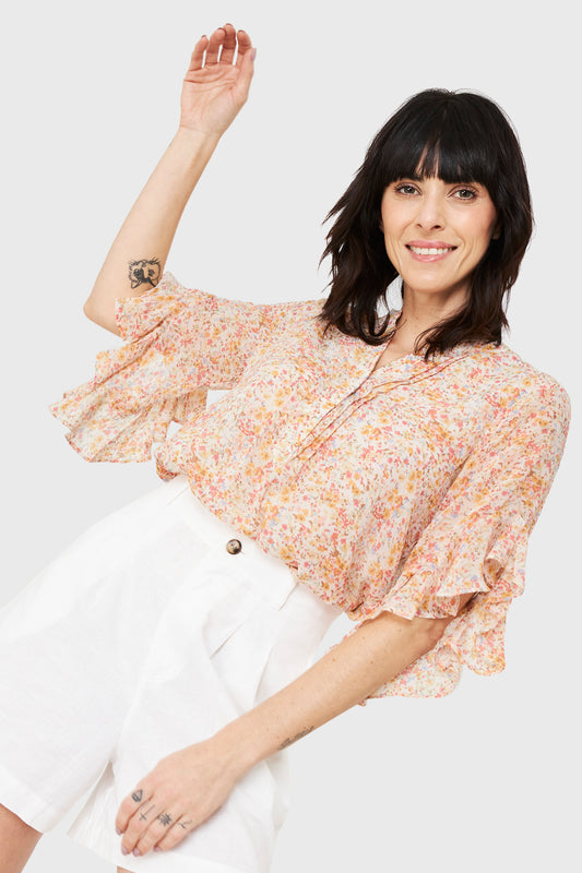 Blusa Floral Manga 3/4 Rosa