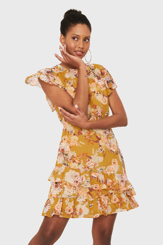Vestido Floreado Volantes Mostaza