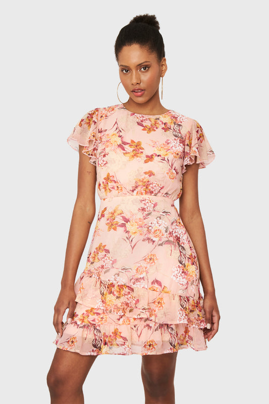 Vestido Floreado Volantes Rosado
