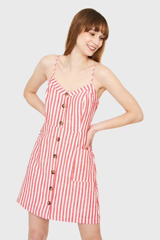 Vestido Rayas Bolsillos Rojo