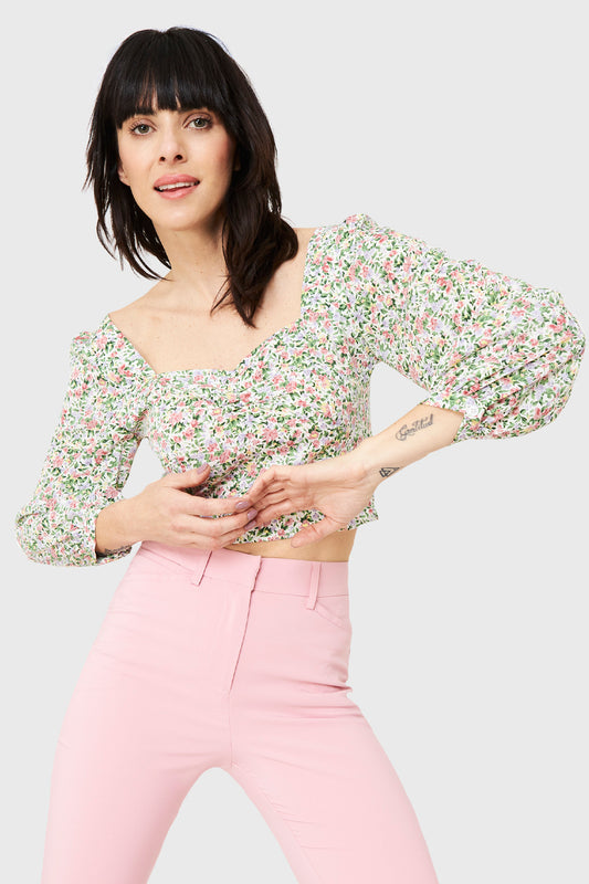 Blusa Crop Floral Blanco