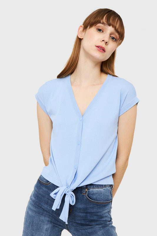 Polera Abotonada Nudo Celeste