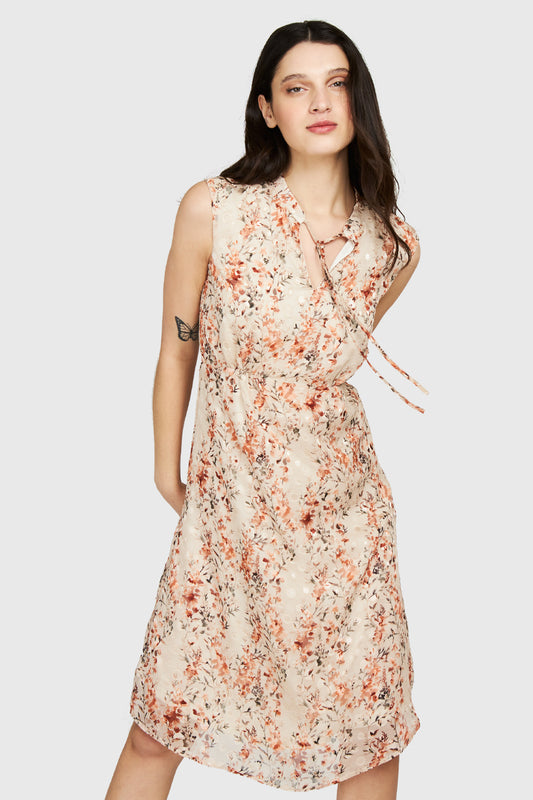 Vestido Floral Cuello Mao Beige