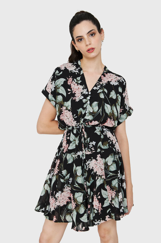 Vestido Corto Botones Negro