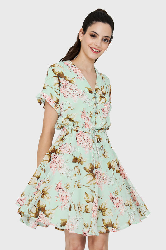 Vestido Corto Botones Verde Agua