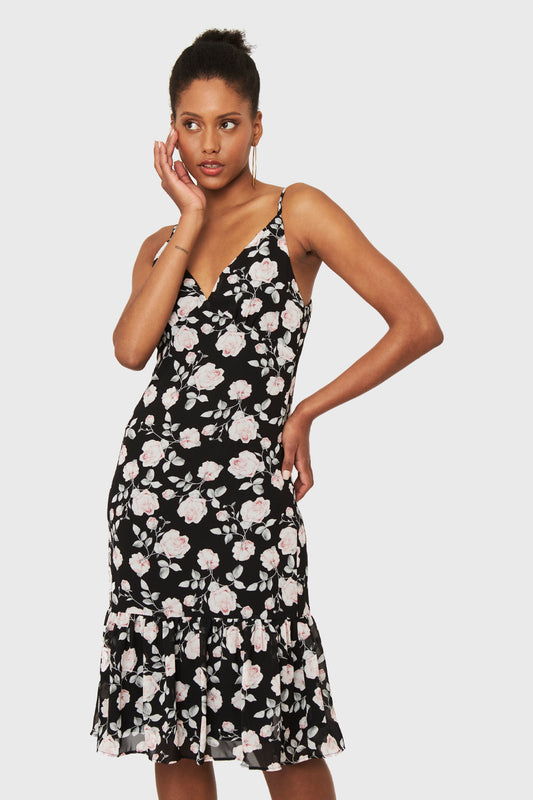 Vestido Volante Rosas Negro