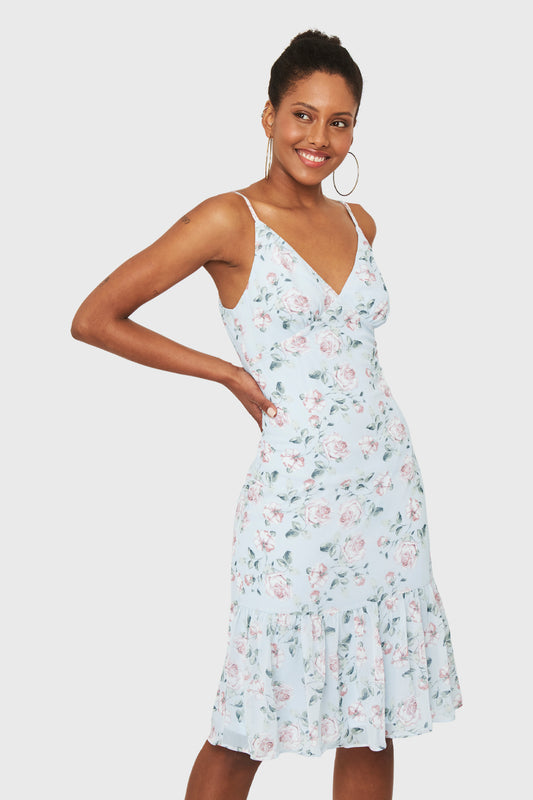 Vestido Volante Rosas Celeste