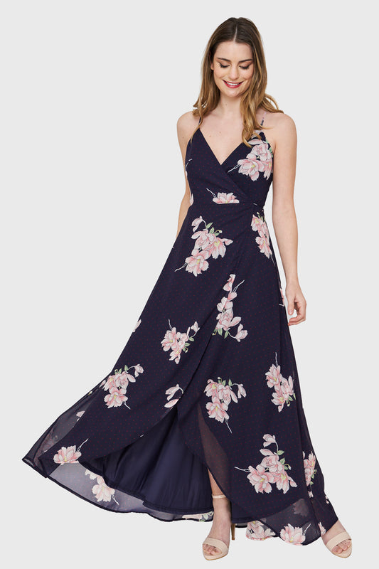 Vestido Largo Floral Envolvente Azul Marino