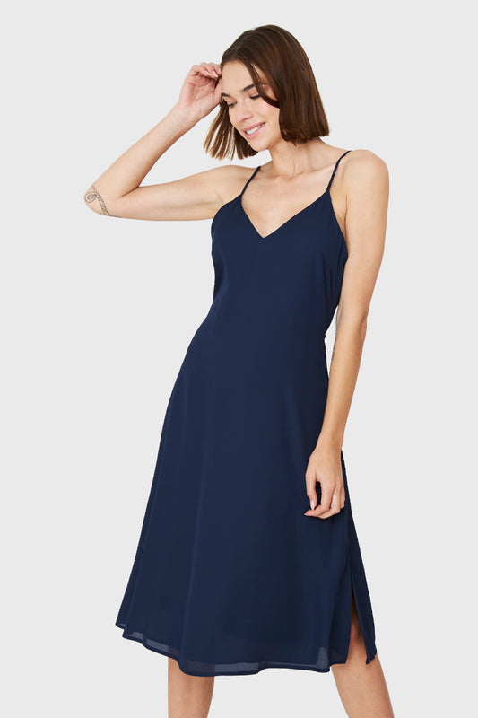 Vestido Midi Aberturas Azul Marino
