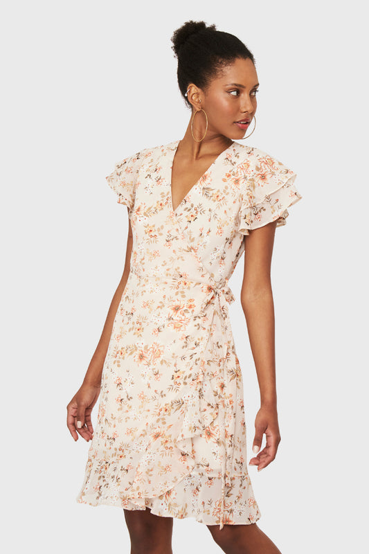 Vestido Corto Envolvente Floral Beige