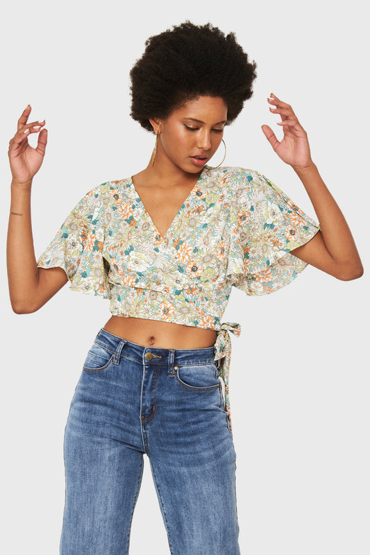 Crop Top Floral Envolvente Verde