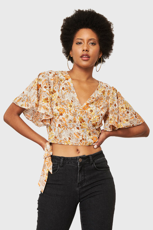 Crop Top Floral Envolvente Naranjo