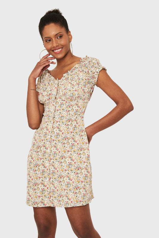 Vestido Corto Ditsy Flores Beige