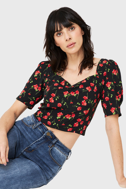 Blusa Crop Floral Lazos Negro