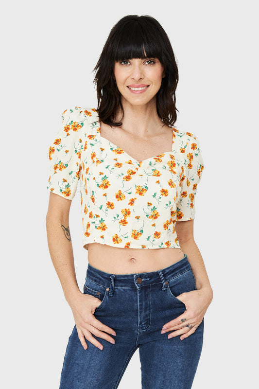Blusa Crop Floral Lazos Crema