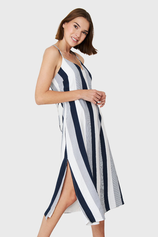 Vestido Rayas Espalda Cruzada Azul Marino