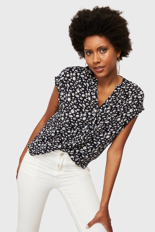 Blusa Floral Botones Negro